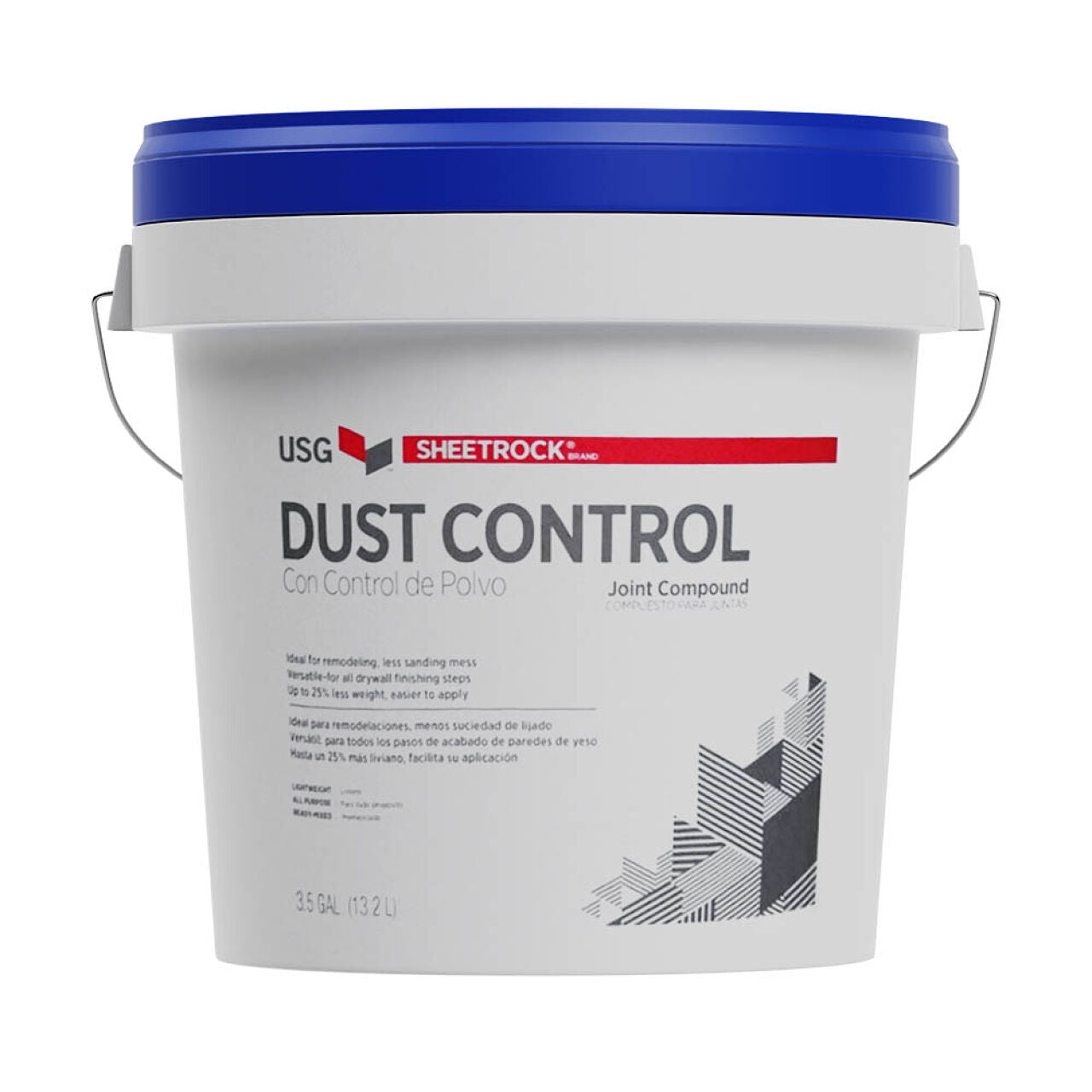 A white plastic bucket with blue lid and metal handle contains Go Build 3.5 gal. Dust Control Lightweight Joint Compound - Pre-Mixed; label features English/Spanish text and a geometric design at the bottom right.